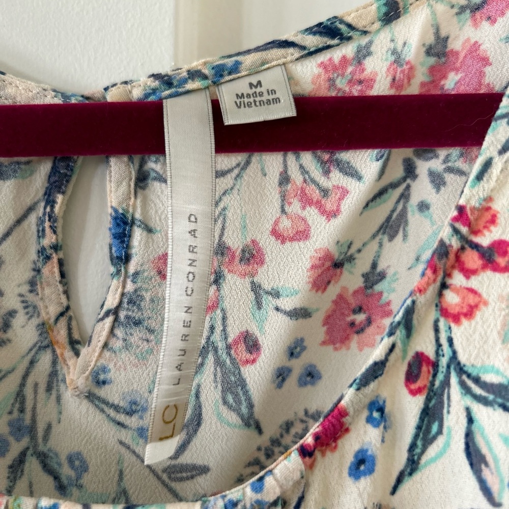 LC Lauren Conrad Cream Floral Midi Dress with Blue Belt - Picture 3 of 8